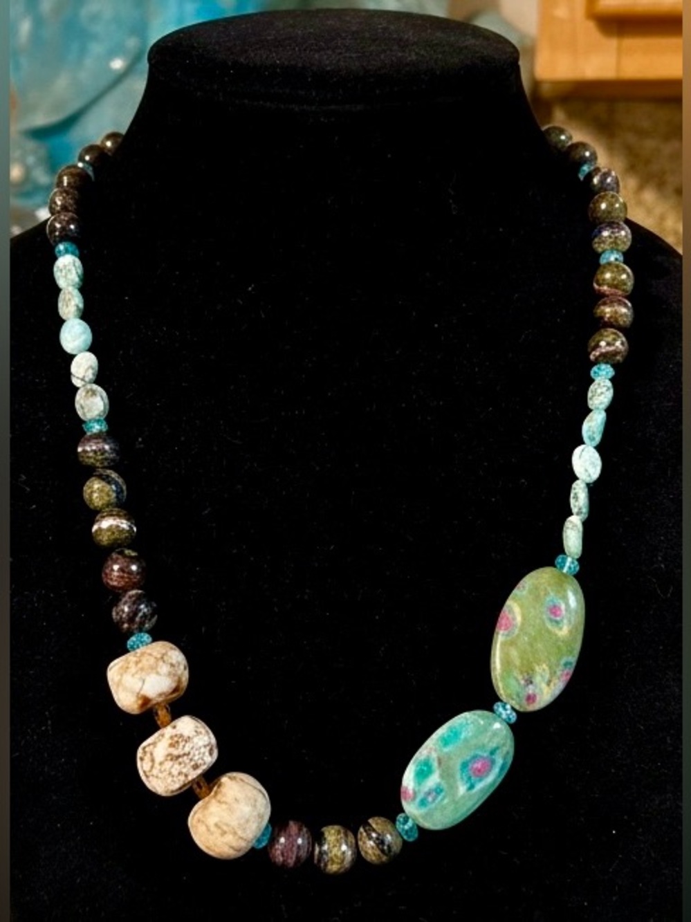 Natural Gemstone Necklace Atlantisite Ruby in Fuchsite Turquoise Estate Vintage